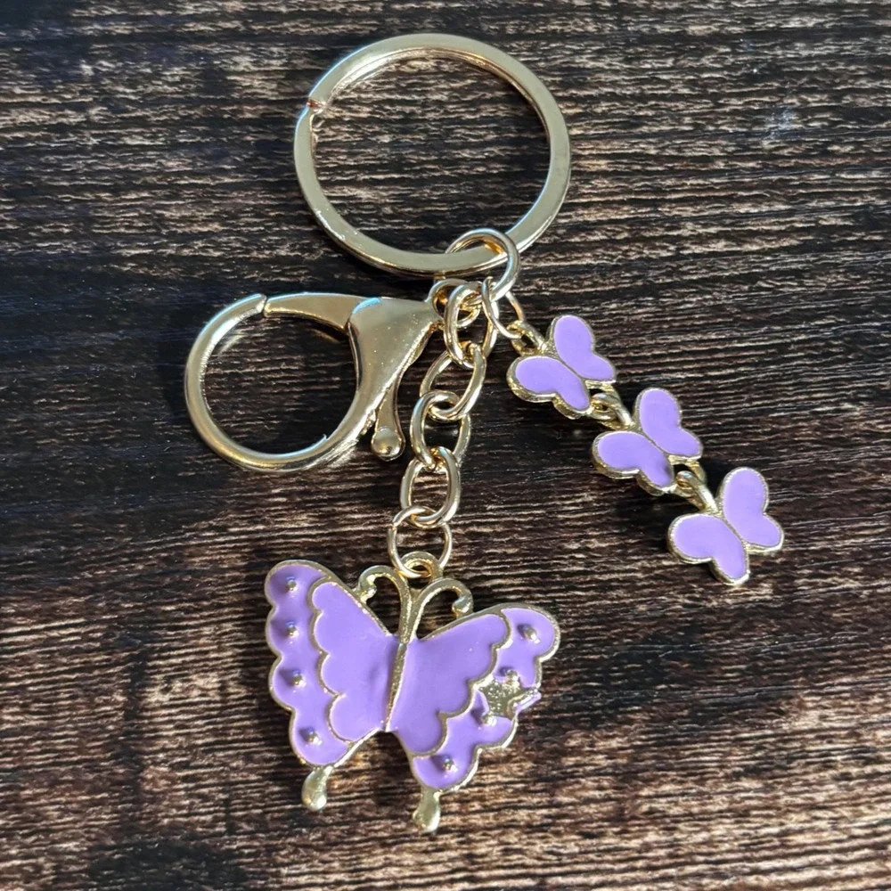 Purple Butterfly Enamel Keychain Gold Tone Bag Charm Lobster Clasp Accessory
